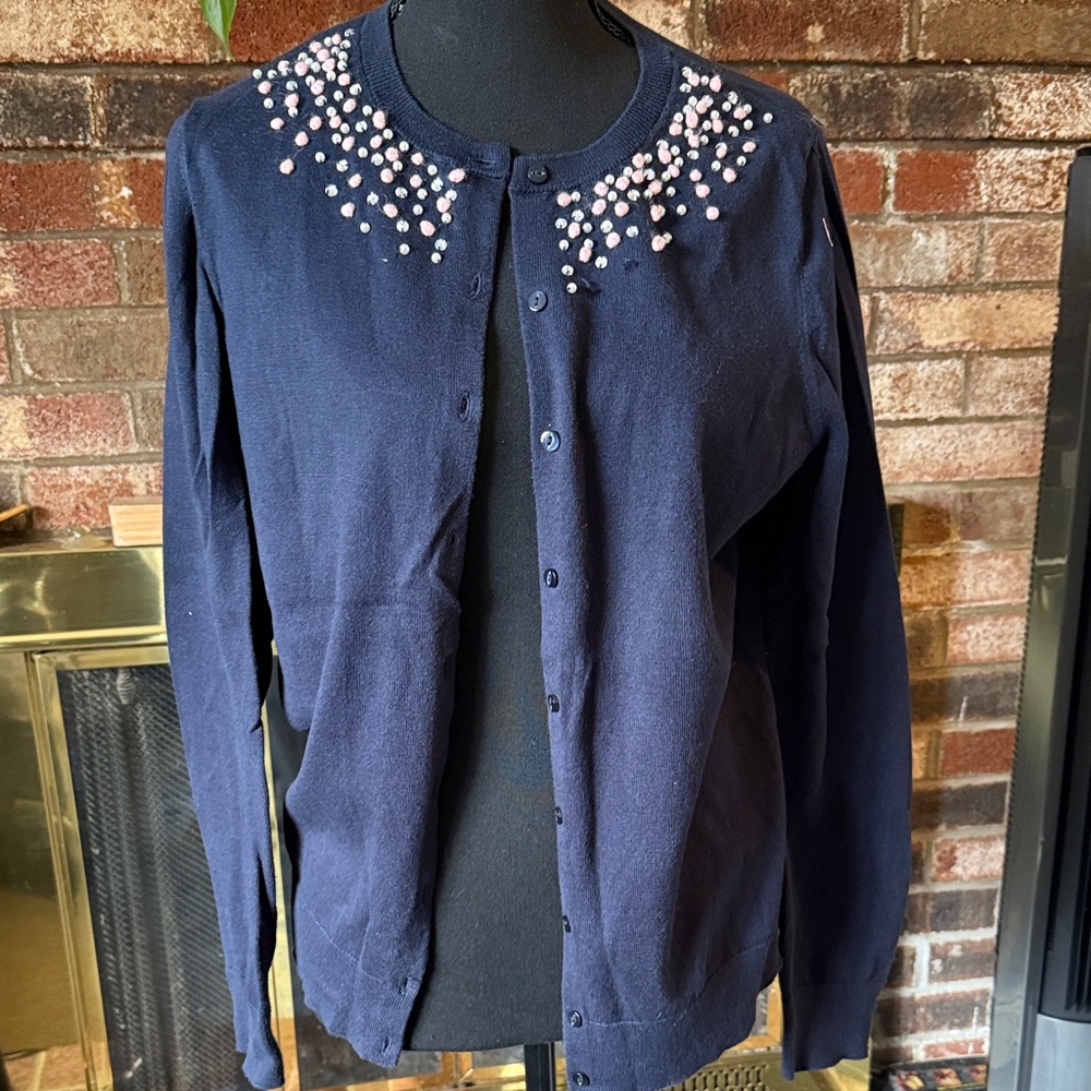 LOFT Dark Blue Cardigan with Pearl Details